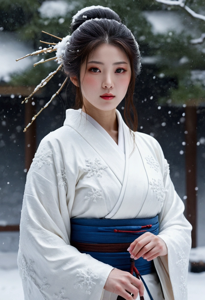 Japanese mythology, Make a Snow Woman, ４K, Ultra-realism, Cinematic, White kimono, Long Hair，Background snow

