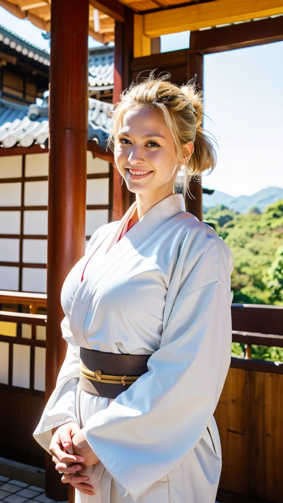 cross arms in front(1:3), messy bun,blonde hair,Highest quality,master piece,incredibly absurdres,high resolution,lens flare,dynamic angle,a girl, one girl,solo focus,alone,full body,perfect anatomy,8k,a girl, one girl,solo focus,alone,Japanese women,Age 25,smile,teeth,smile,Beautiful eyes,Model-like style,,Large Breasts,valley,wearing a white long-sleeved kimono,furisode,The temple has a beautiful natural background,a girl