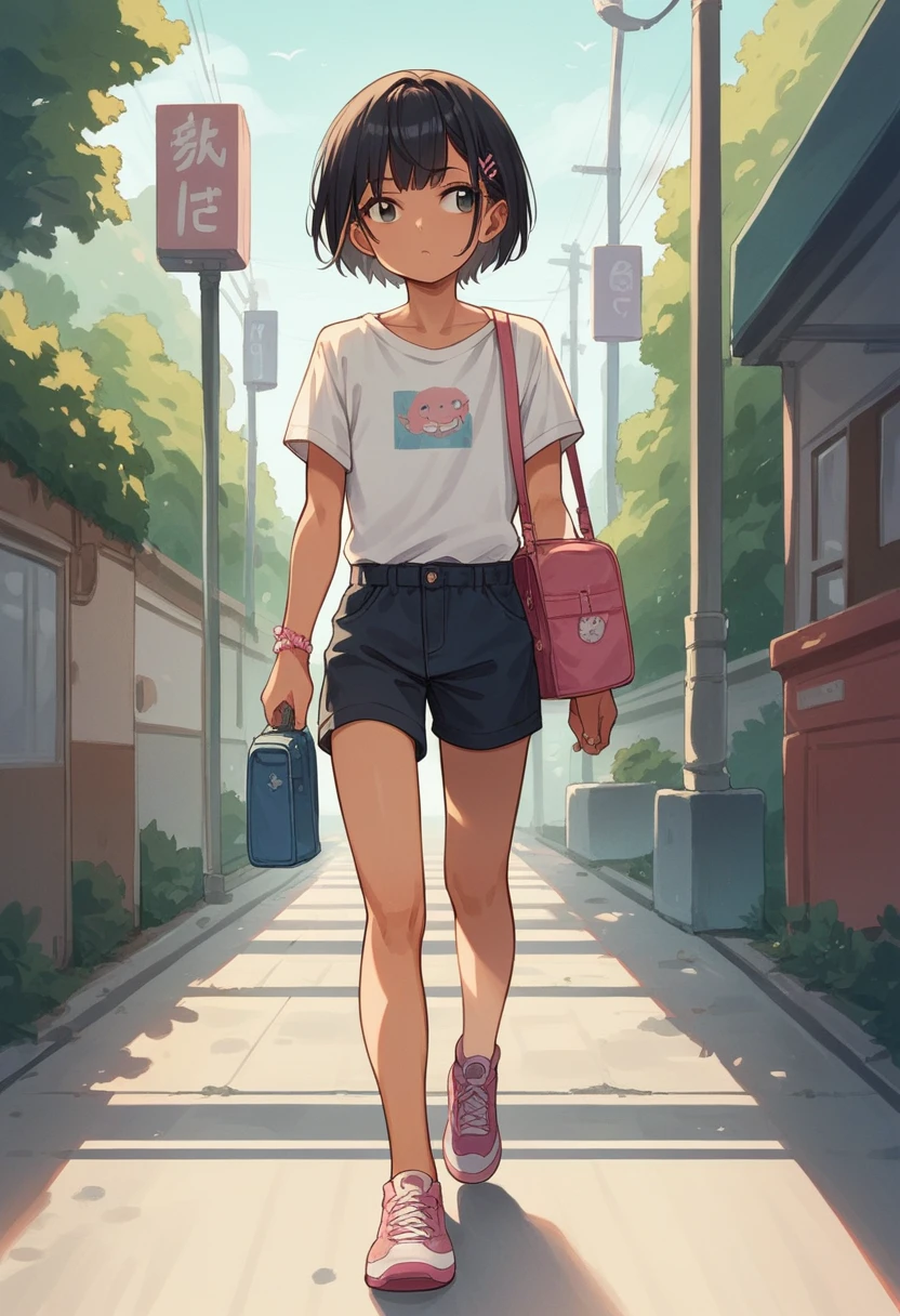 ,(young girl ,short stature,gyaru)black hair, ,flat chest,rotund.cute.randam angle,looking away.walking.nsfw,