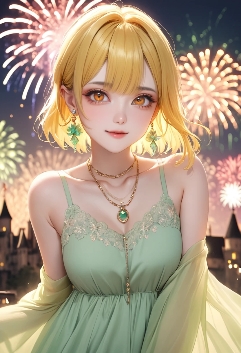1 female　Short yellow hair and ribbon　Yellow eyebrows　Orange eyes　society　Pastel green long dress　A castle and fireworks　Earrings and matching necklace