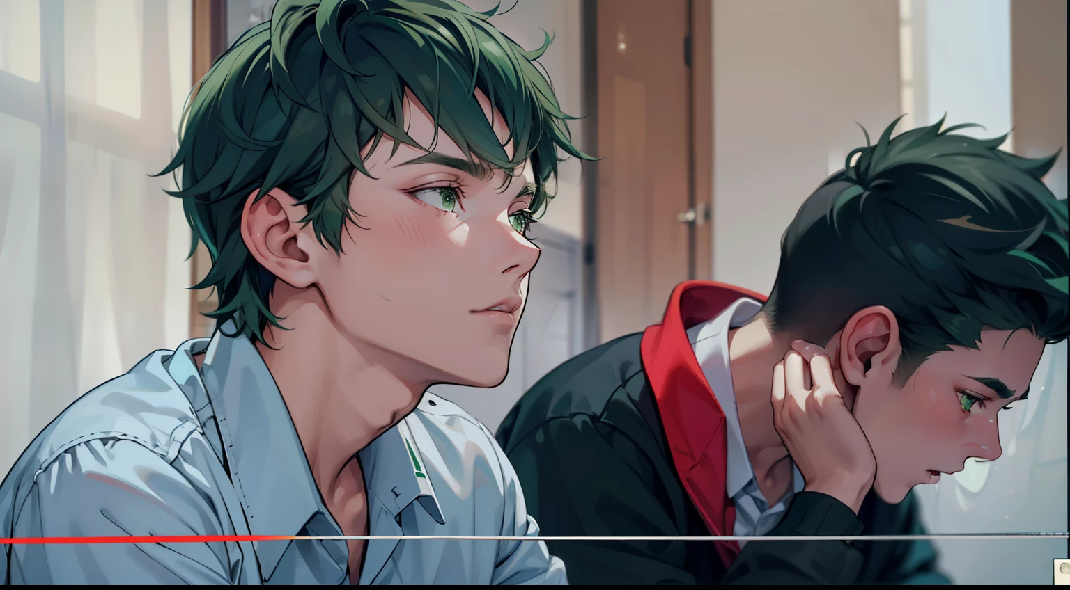 There are two young men, one with green hair and green eyes, they are ************, they are at school, someone looks thoughtful, worried.