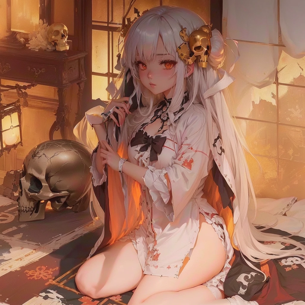 Anime girl sitting on a bed with a skull in the background, Gwaiz, Gwaiz on pixiv artstation, Anime Style 4k, Gwaiz on artstation pixiv, White-haired God, Gwaiz masterpiece, artwork in the style of Gwaiz, Zerochan Art, Anime Art Wallpapers 8K, anime art wallpaper 4k