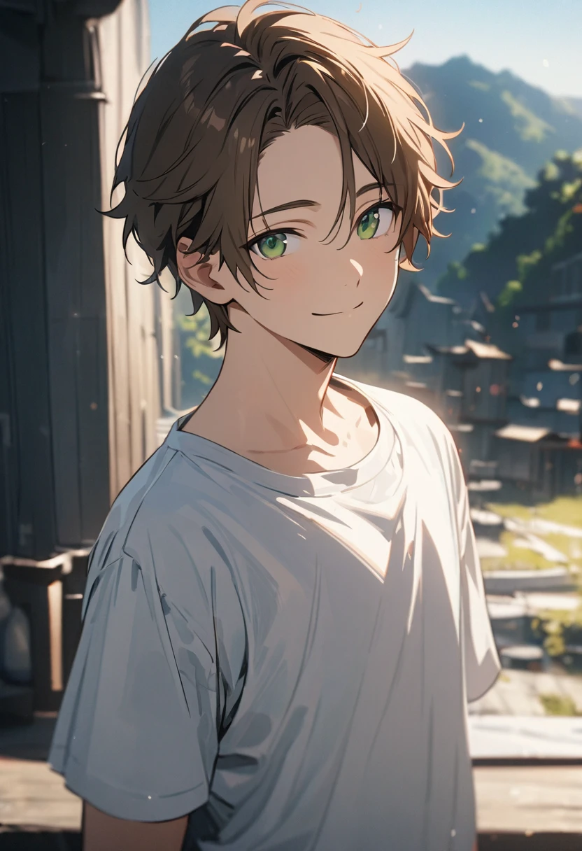 male, Brown Hair, short hair, alone,  Age: 25,Green Eyes, good looking, Beautiful background, Calm face, Parted bangs, White shirt,smile, リアルでHigh resolution (Highest quality, 4K, 8k, High resolution, masterpiece:1.2)