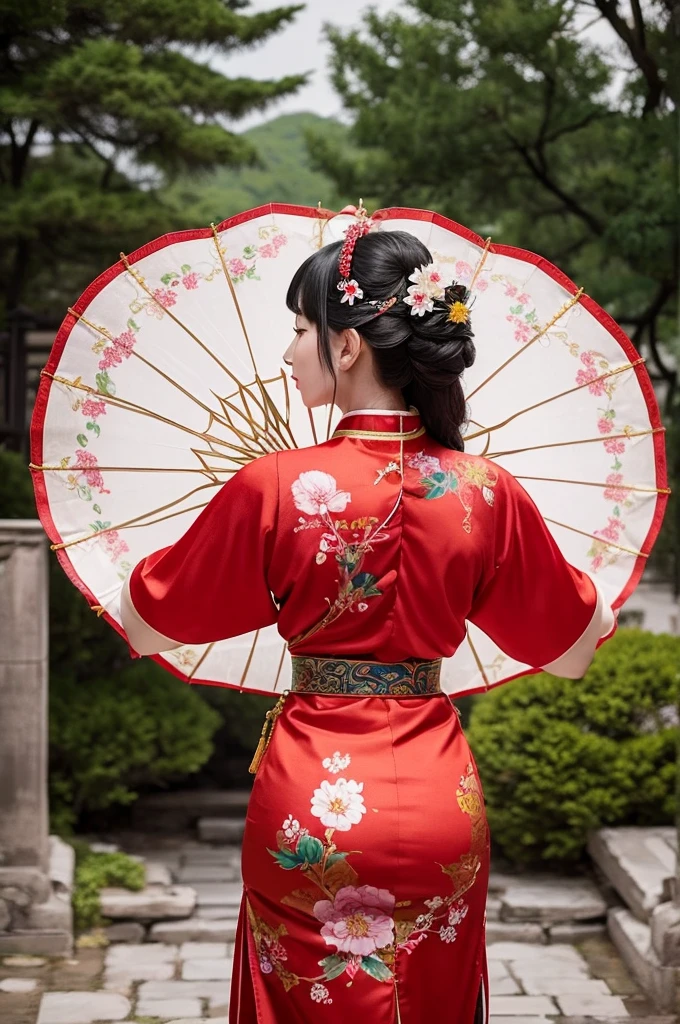 A photo from behind the stone pavement outside the Qing Dynasty Palace、Empress of the Qing Dynasty、She is wearing a bright red Manchu outfit with floral patterns.., Her hair is big, Fancy flowers and hairpins. In this diagram、、The loincloth is hanging down、Big butt exposure。.