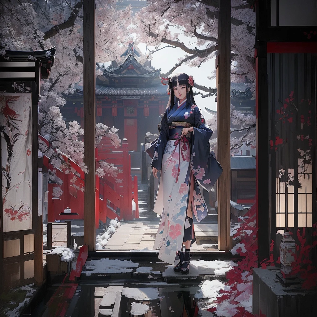 Anime-style scene with a woman in a kimono standing in a doorway, artwork in the style of Gwaiz, Gwaiz on pixiv artstation, Gwaiz on artstation pixiv, Gwaiz, Cyberpunk Japanese Temple, Jan J, Gwaiz masterpiece, Inspired by Chung Fenghua, palace , Girl in Han Dress