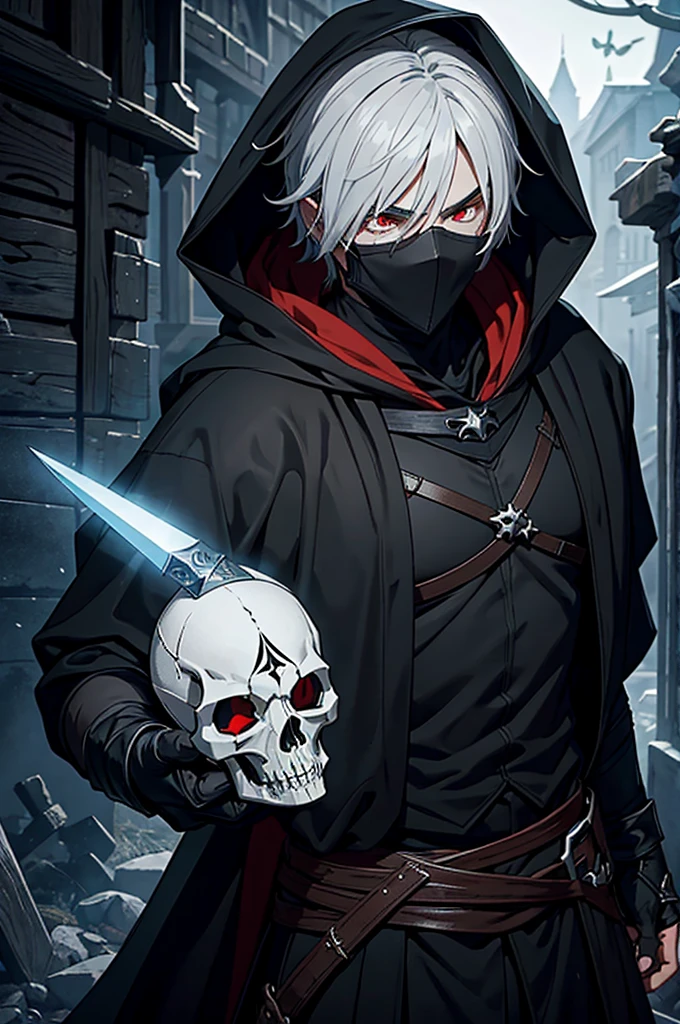 An assassin, male, fantasy character, physically strong, wearing a skull mask covering his face and eyes, dressed in black medieval attire, with a white hooded cloak over it, gray hair, short hair, red eyes, holding a dagger, nighttime background.