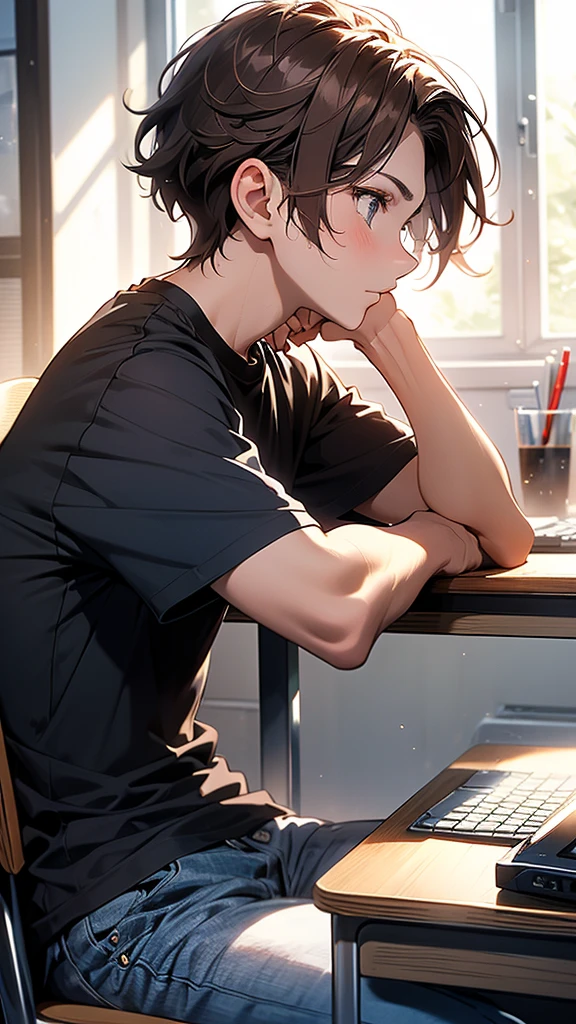 (artistry, best qualityer, ultradetailed, high resolution, 4K),(beautiful detailed eyes),(very highly detailed face),( profile face )(ung boy),HDR, A beautiful 16 year old boy, brown colored hair, brown colored eyes, wearing a black t-shirt and blue jeans, in your room, sitting on the chair, at your desk near a window, typing on your computer keyboard, looking at the computer screen., profile view.