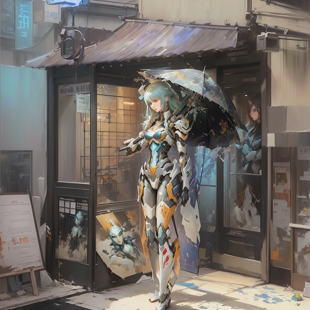 A woman standing with an umbrella in front of a store, painterly humanoid mecha, Beautiful artwork illustration, Luan Jia, Krentz Kuschaert and Wenjun Lin, by Gan Hoi An, Digital Painting Concept Art, Painted in an anime artist's studio, Joan Rua, Painterly concept art, by Kamisaka Sekka