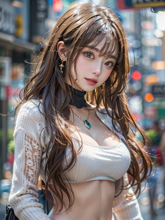 ((Highest quality)), ((masterpiece)), (detailed), ((Highest quality))、RAW、4K、High resolution、Perfect Face, Japanese、36 years old、female、Long Hair、Brown Hair、Earrings、necklace、Large Breasts、Cleavage、Perfect Anatomy、Anatomically correct body、White collared shirt、City in 2050、Living in a future city