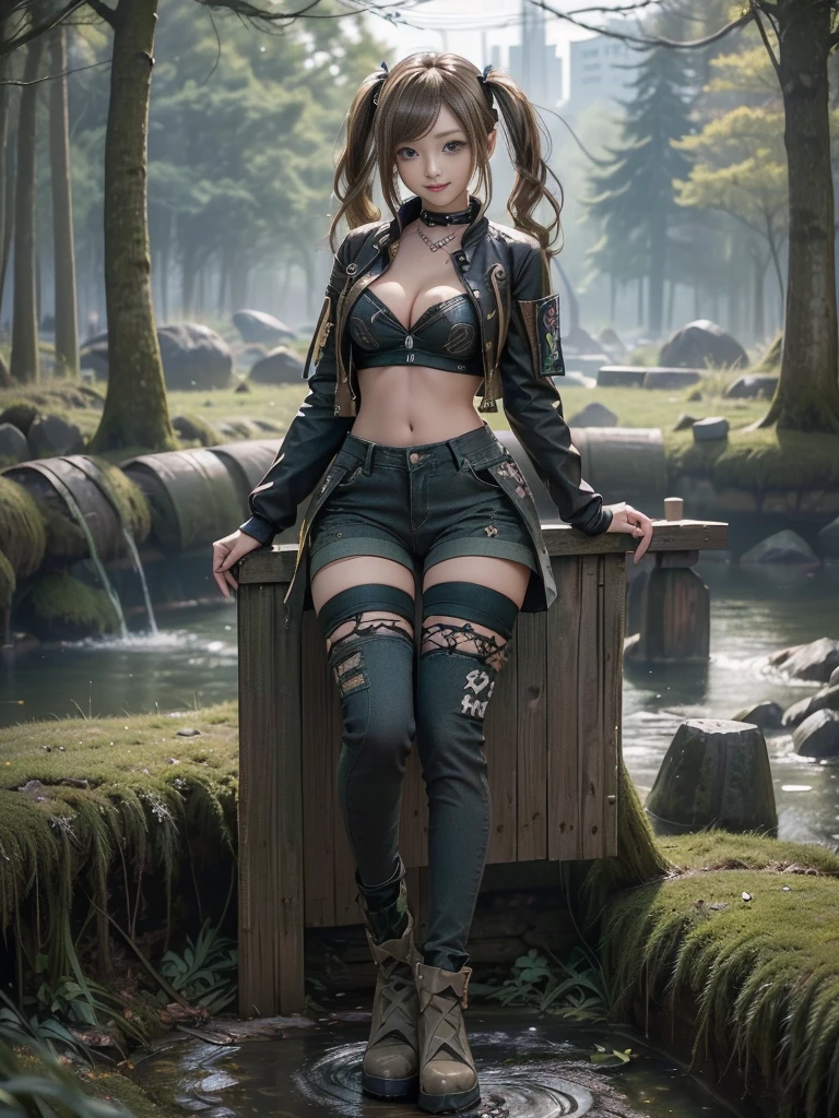 (Three Girls, 3 girls:1.5)、(Full Body View:1.3)、(Hostess:1.3)、(Smiling with teeth showing:1.3),(Shibuya Gal:1.5)、(Gothic ta gravure model:1.4)、(Loliashion:1.5)、(Punk RockVisual Kei:1.4)、(A modern short jacket in dark grey and moss green.:1.5)、(Tattered brown and charcoal denim low rise cargo pants:1.5)、(Mustard Yellow Headband:1.3)、(Charcoal and khaki striped knee socks:1.4)、collar、(Brown platform long boots)、(Clothing with logo pattern:1.4)、20-year-old、Browsing Caution,((Highest quality、In 8K、masterpiece:1.3))、Sharp focus:1.2、(Layered Cut、Huge breasts:1.1),Beautiful woman with perfect figure:1.4、(Doing an aerobics pose:1.3)、Slim Abs:1.2、Butt、Highly detailed face and skin texture、Fine grain、double eyelid,(Twin tails:1.3)、(Brown-golden hair:1.3)、Obscene、Idol Sculpture、(The landscape is a beautiful temple of water and forest:1.3)、(Slimming your legs:1.4)、(The body is slim:1.3)、(clavicle:1.1)