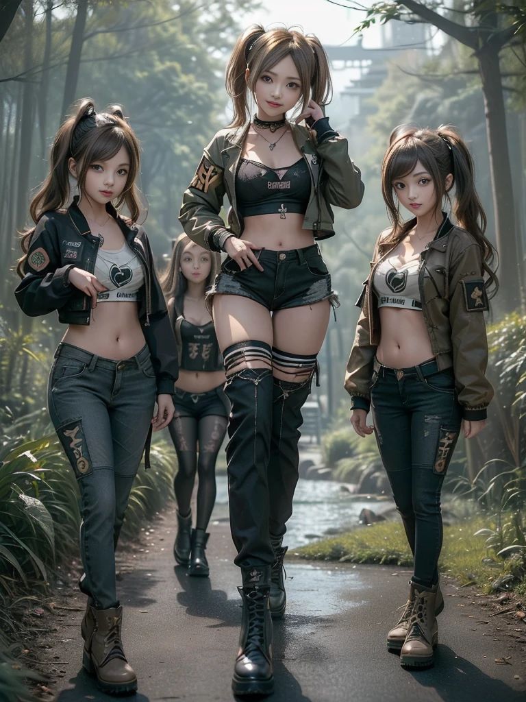 (Three Girls, 3 girls:1.5)、(Full Body View:1.3)、(Hostess:1.3)、(Smiling with teeth showing:1.3),(Shibuya Gal:1.5)、(Gothic ta gravure model:1.4)、(Loliashion:1.5)、(Punk RockVisual Kei:1.4)、(A modern short jacket in dark grey and moss green.:1.5)、(Tattered brown and charcoal denim low rise cargo pants:1.5)、(Mustard Yellow Headband:1.3)、(Charcoal and khaki striped knee socks:1.4)、collar、(Brown platform long boots)、(Clothing with logo pattern:1.4)、20-year-old、Browsing Caution,((Highest quality、In 8K、masterpiece:1.3))、Sharp focus:1.2、(Layered Cut、Huge breasts:1.1),Beautiful woman with perfect figure:1.4、(Doing an aerobics pose:1.3)、Slim Abs:1.2、Butt、Highly detailed face and skin texture、Fine grain、double eyelid,(Twin tails:1.3)、(Brown-golden hair:1.3)、Obscene、Idol Sculpture、(The landscape is a beautiful temple of water and forest:1.3)、(Slimming your legs:1.4)、(The body is slim:1.3)、(clavicle:1.1)