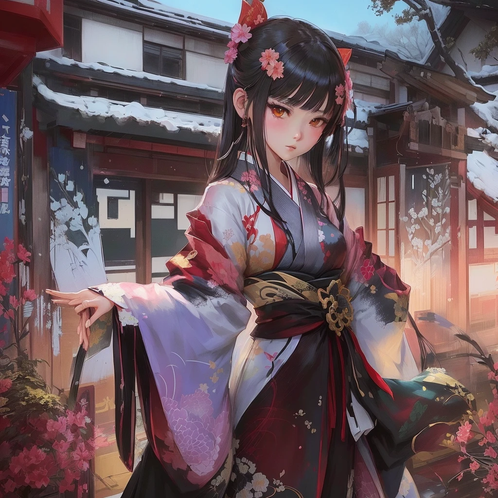 Anime girl in kimono clothes standing in front of building, Gwaiz, Gwaiz on pixiv artstation, Gwaiz on artstation pixiv, everyone, artstation pixivでトレンド, palace ， Girl in Han Dress, artwork in the style of Gwaiz, Anime Style 4k, Jan J