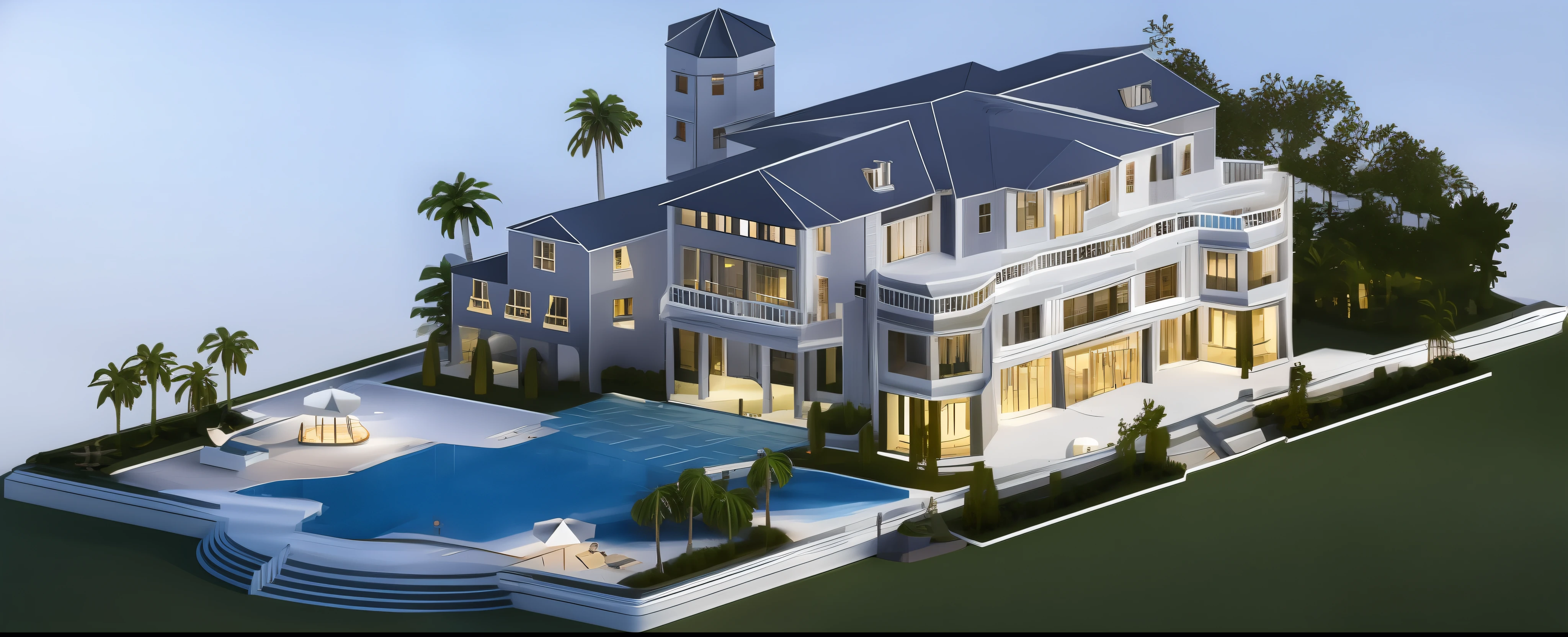 Cartoon-style mansion，With swimming pool and clock tower, vaporwave mansion, Fox, huge mansion, Regal Manor, Celebrity, A digital rendering, mansion, inter dimensional villa, fundo de casa, Waterfront mansion, [ [ Hyperrealistic ] ], hq very detailed, hyper detailed scene, ingame image, Renders, semi - realistic render, Residential houses, A digital rendering,morden style，glass buildings，HDR，Realistic tones，