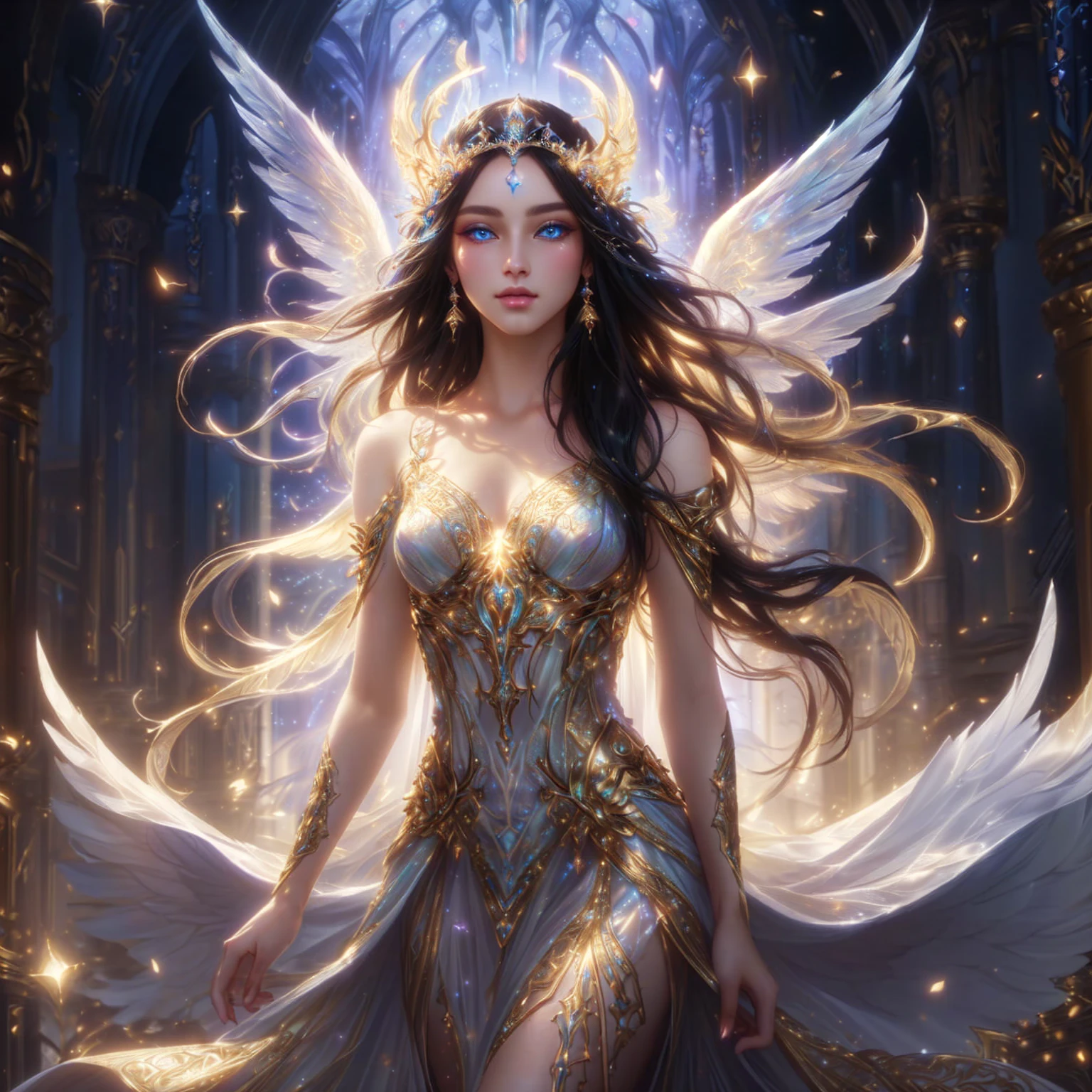 Supermodel woman, beautiful goddess in a beautiful white and gold dress. Long black hair and wings, Fantasy art style, ((Beautiful Fantasy Empress)), Detailed fantasy art, Beautiful Fantasy Empress, epic Fantasy art style hd, By Yang J, fantasy anime illustration, Fantasy anime artwork, fantasy style art, A very detailed RTM pathogen., beautiful heavenly mage, Ethereal fantasy, The beautiful and elegant Elf Queen. , gorgeous blue eyes