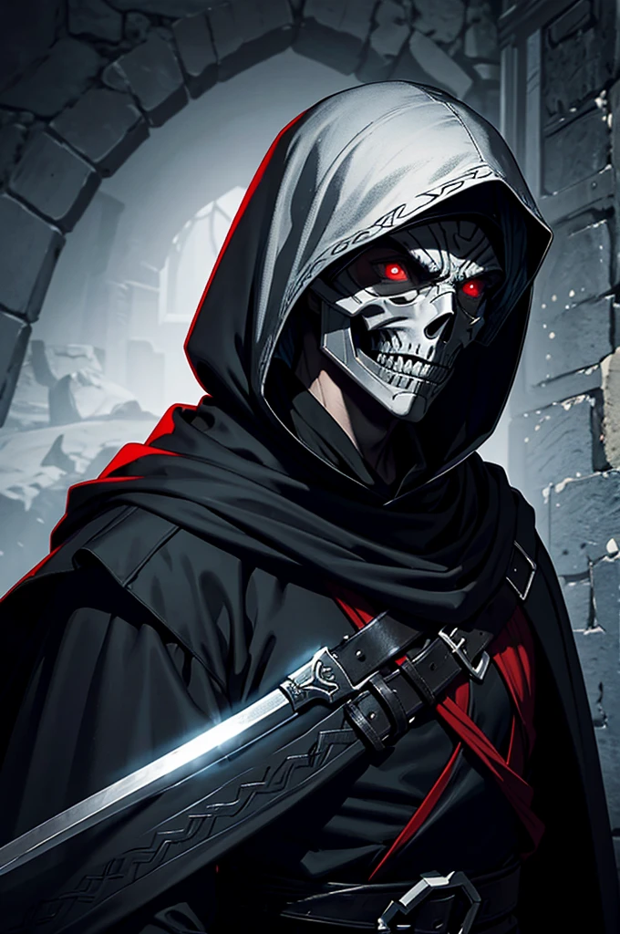 An assassin, male, fantasy character, physically strong, wearing a skull mask covering his face and eyes, dressed in black medieval attire, with a white hooded cloak over it, gray hair, short hair, red eyes, holding a dagger, nighttime background.
