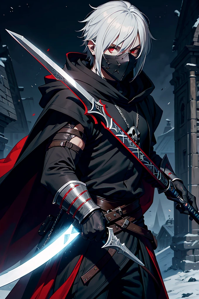 An assassin, male, fantasy character, physically strong, wearing a skull mask covering his face and eyes, dressed in black medieval attire, with a white hooded cloak over it, gray hair, short hair, red eyes, holding a dagger, nighttime background.