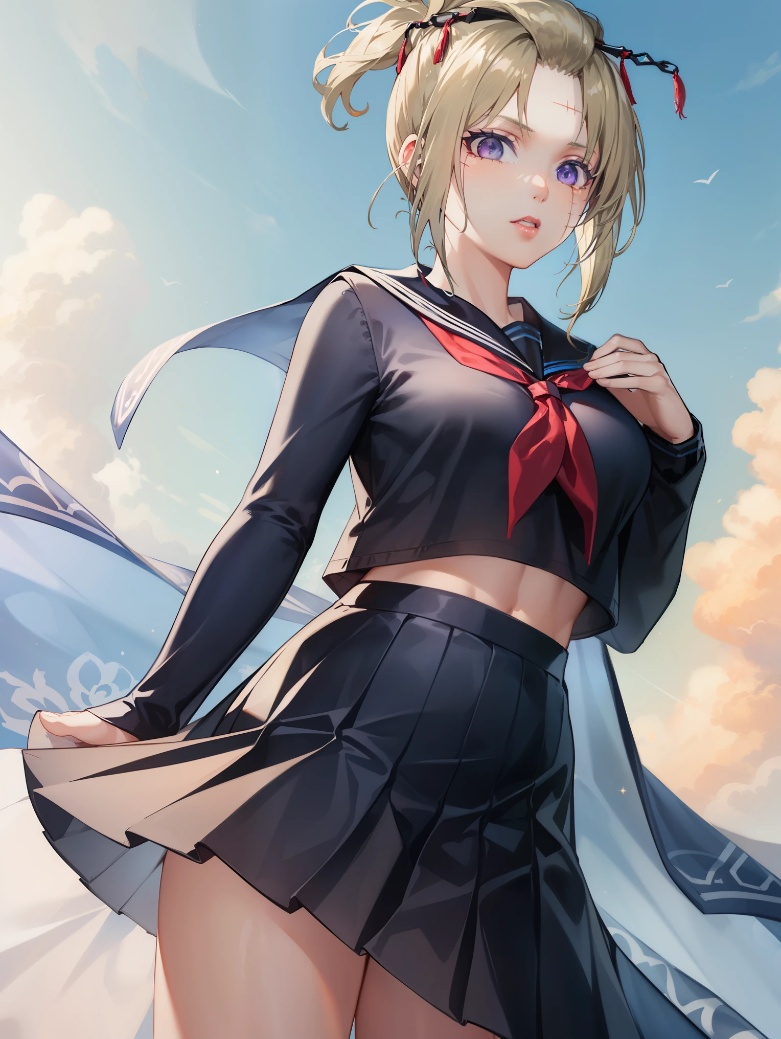 solo, 1girl, tsukuyo, scar on cheek, folded ponytail, hair ornament, purple eyes,
BREAK (skirt, pleated skirt, serafuku, shirt, blue shirt, long sleeves, long skirt, blue skirt, blue sailor collar, sailor collar, neckerchief, red neckerchief:1.2), 
BREAK Angle from below,
BREAK (art: 1.2), best quality, high resolution, 8k unitary, (illustration: 0.8), (beautiful detailed eyes: 1.6), extremely detailed face, perfect lighting, extremely detailed in CG, (perfect hands, perfect anatomy),