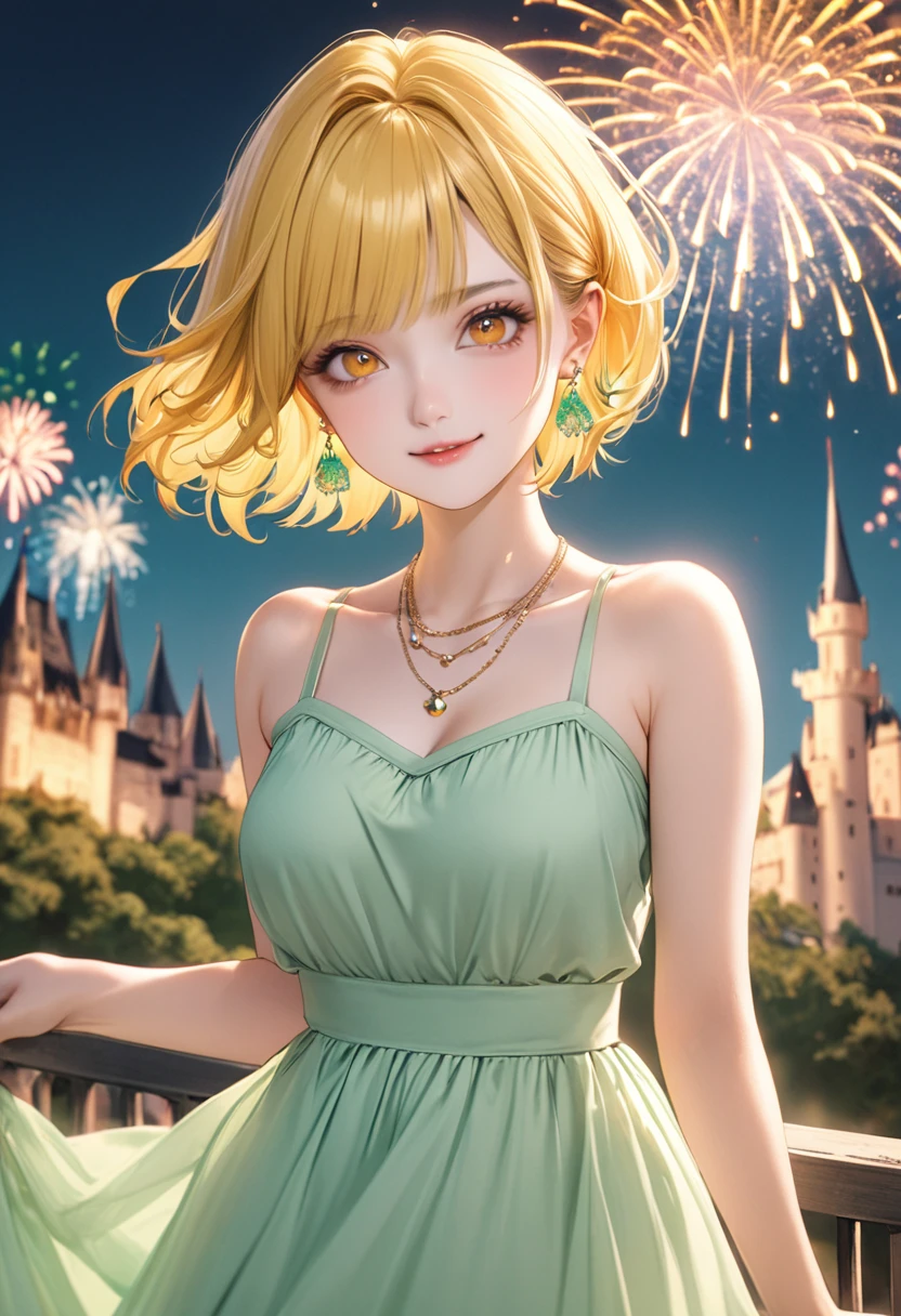 1 female Short yellow hair and ribbon Yellow eyebrows Orange eyes society Pastel green long dress Castle Fireworks Earrings and matching necklace