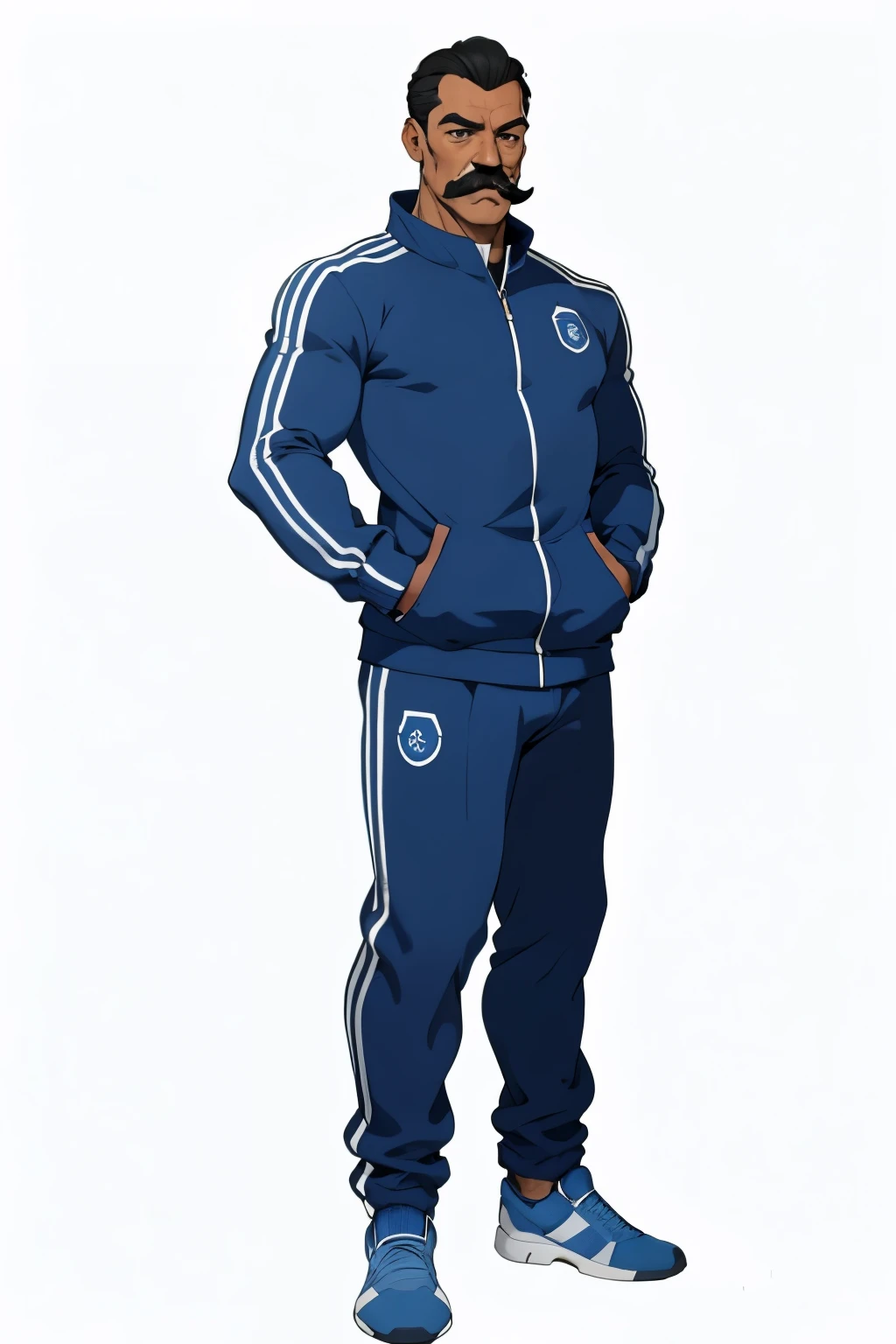 Fair-skinned man, in a blue tracksuit, Cute, has a long black mustache, on a white background, full length