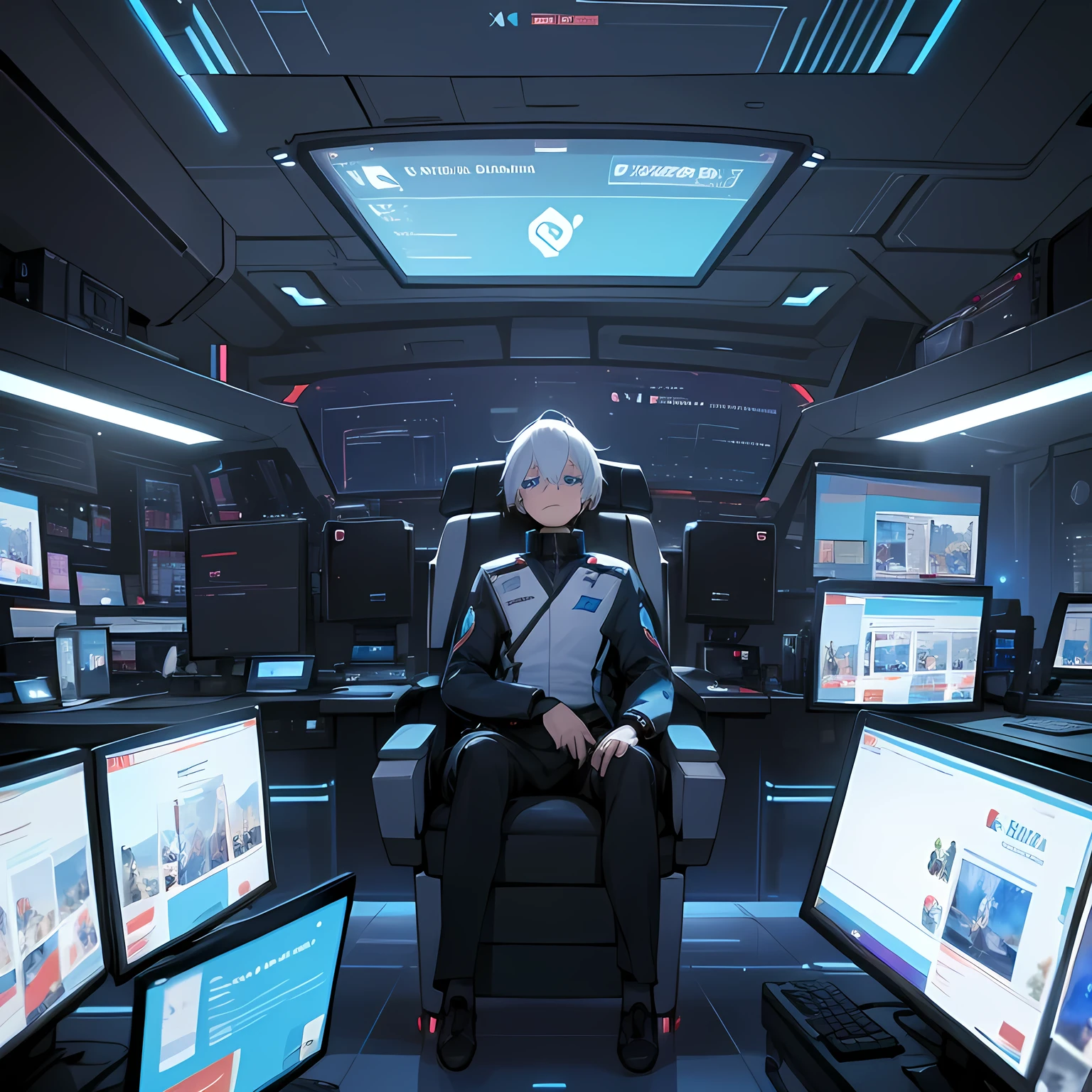 a closeup of a room with several monitors and a desk, a computer rendering by Sebastian Vrancx, pexels, Digital art, Navigation Command Center, High-tech spaceship interior., Futuristic government chambers, futuristic environment, Inside a futuristic military base, technological screens, futuristic spaceship interior, in a futuristic laboratory room, science fiction interior, Cyberspace, white-haired-blue-eyed boy sitting