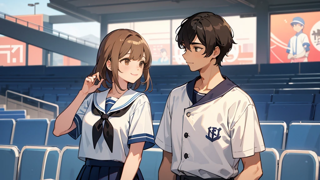 The background is the seats at an outdoor baseball stadium in midsummer.、Upper body of a duo of a man and a woman wearing summer sailor uniforms２shot。The first person is a woman who is short, , cute, has light brown hair, and straight bangs.。The second man is tall with short black hair.。Both of them are smiling and making cute faces.。There is a height difference between men and women, with men being taller。