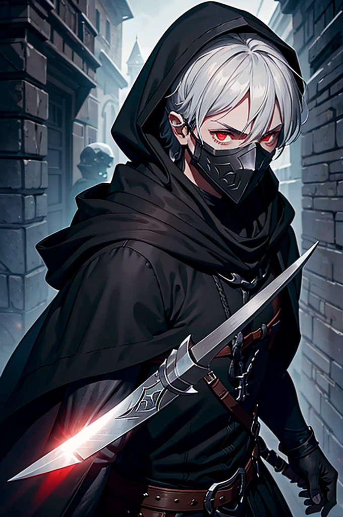 An assassin, male, fantasy character, physically strong, wearing a skull mask covering his face and eyes, dressed in black medieval attire, with a white hooded cloak over it, gray hair, short hair, red eyes, holding a dagger, nighttime background.