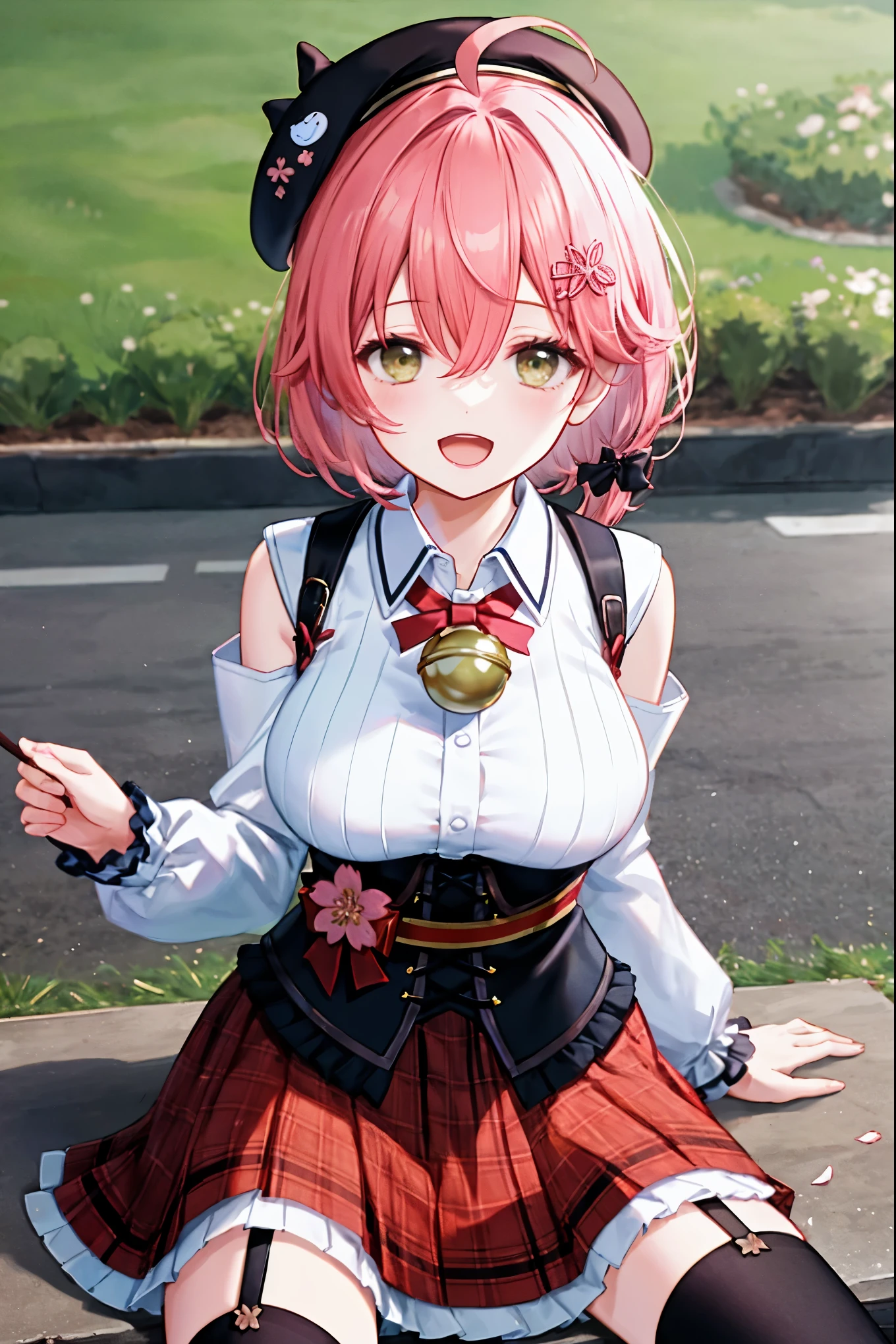 masutepiece, Best_Quality, hight_resolution, miko2,Ponytail, 1girl, Ahoge, black headwear, Hair Ornament, White shirt, black thighhighs, Pink hair, Red_skirt, very_short_skirt, plaid skirts, garter_strap, Collared shirt, hair clips, frilld, Bangs, hair between eye, frills skirt, beret, Pleated skirt, Hair Flower, Neck bell, , puffy long sleeves, Black bow, Underbust, Smile, (large_breasts:1.3),covered_nipples, green_eyes, happy, dynamic_angle,spread_legs,(big_smile:1.2),plump,open_mouth,shout,half_eyes,cherryblossom_park_landscape_background,