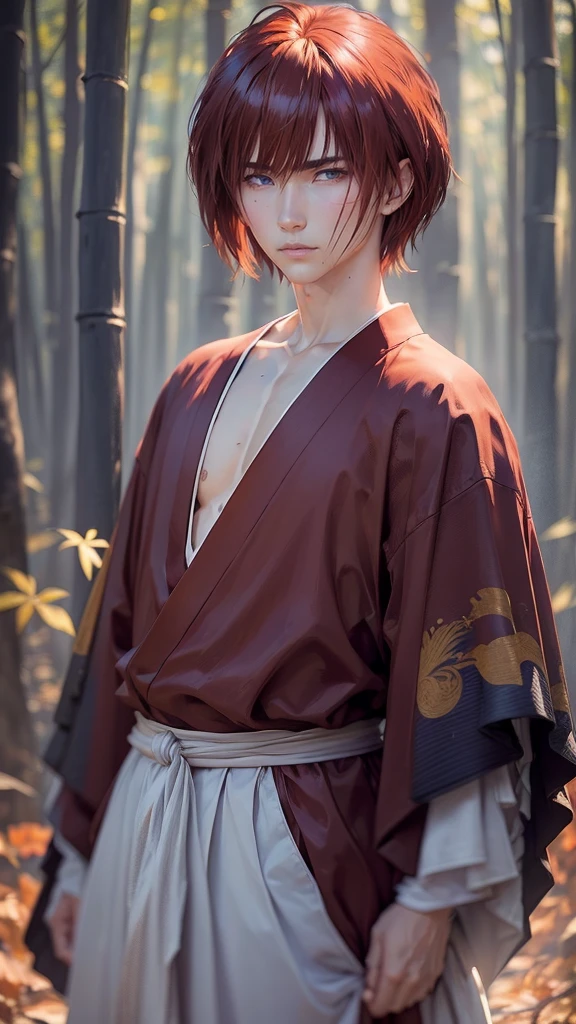Kenshin Himura(Sword Sai)、Portraiture、Black Hair、samurai、Calm expression、Flowing red hair、A look of determination、Traditional Japanese Clothing、Depicted in a dynamic pose、Soft Ambient Lighting、Bright colors、Bamboo forest background、X mark on face、X mark on left cheek、The x mark on the face is dark、The x mark on the face is large