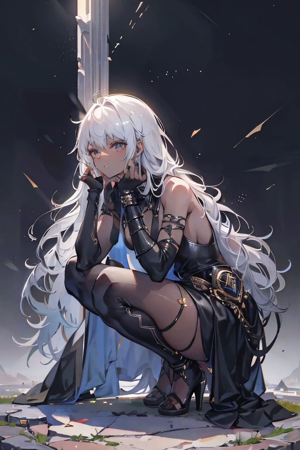 Flat lighting,elevation,sexy,A beautiful woman with supple curves,((Highest quality)), ((masterpiece)), (detailed), One girl,Silver Hair,Long Hair,Dark Skin,Wearing a black sleeveless dress,Wear black high heels,Squatting pose on top of the tower,Starry Sky,cloud,Girl with black wings,Look away