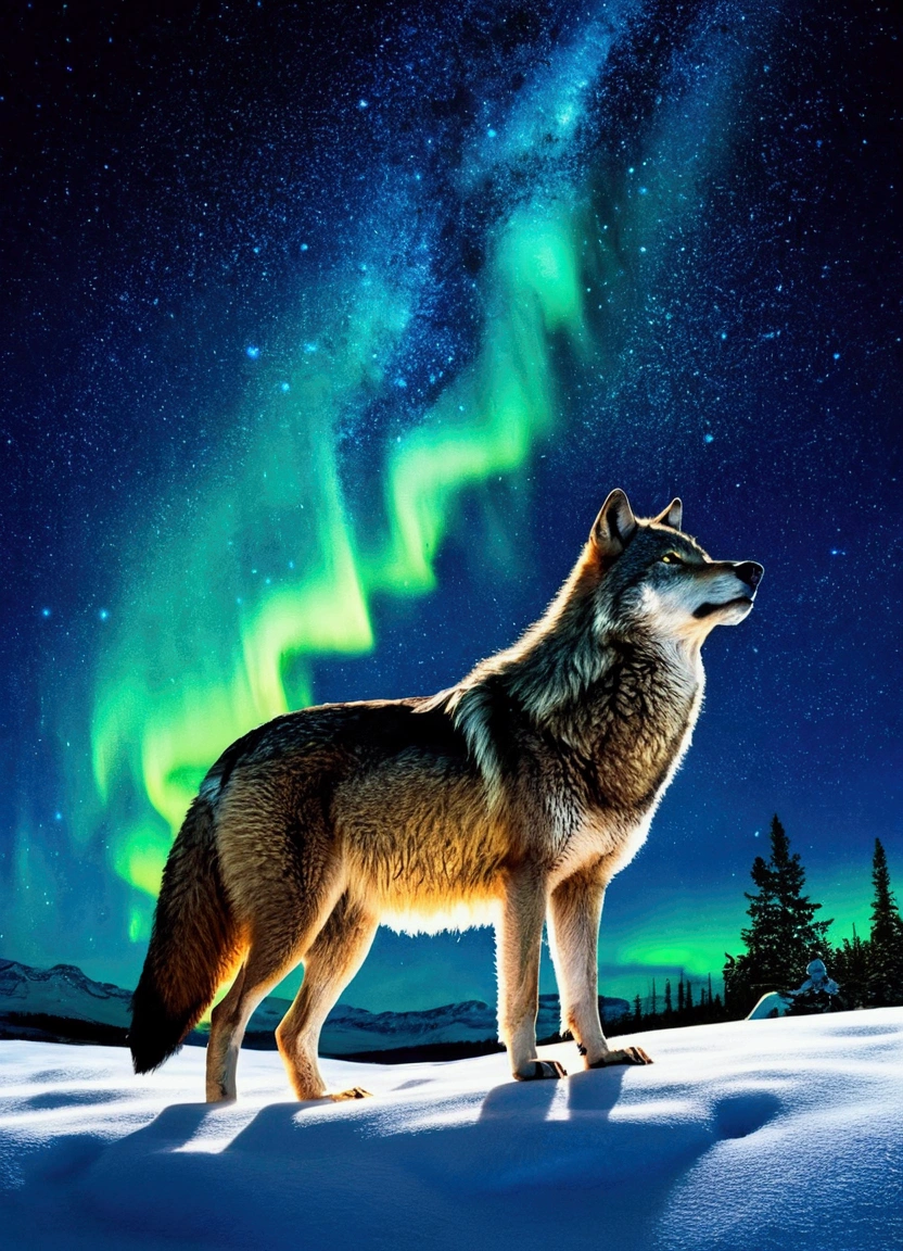 Wolf in the snow, starry night with aurora