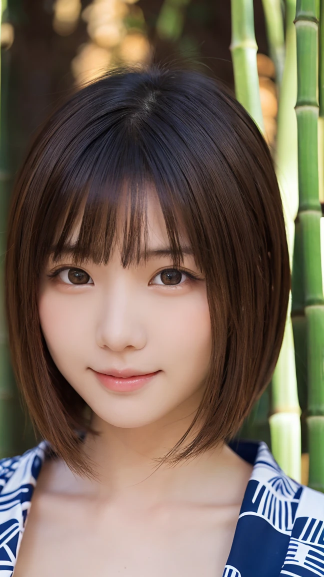 One Girl, (beautiful girl, Delicate girl:1.3), (:1.3),
break, (yukata:1.2),
break, (Bamboo strips Tanabata background:1.2),
break, smile, Very beautiful eyes, (Symmetrical eyes:1.3),
break, (Big Breasts:1.3), Brown eyes, Parted bangs, Brown bob cut hair, Round face, cute,
break, (Eye and facial details:1.0),
break, (masterpiece, Highest quality, Very detailed, Detailed face, 8k)