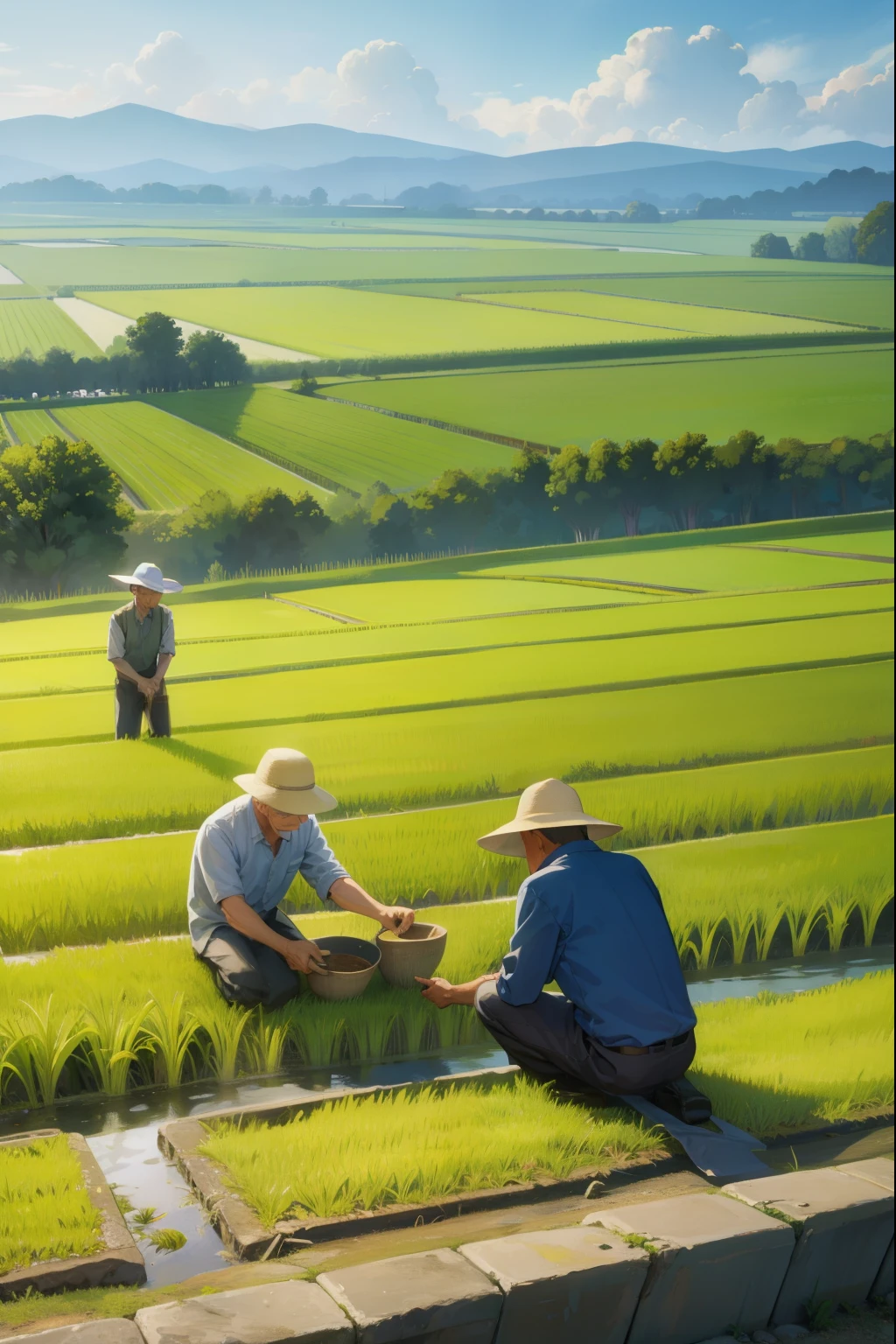countryside,Rice Field,Several elderly men planting rice,