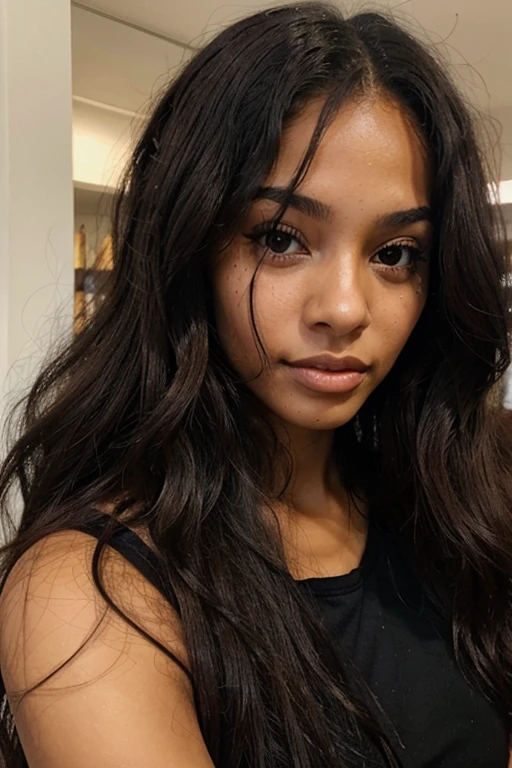 Beautiful black woman aged 21, 1m68 with brown eyes who has long frizzy hair