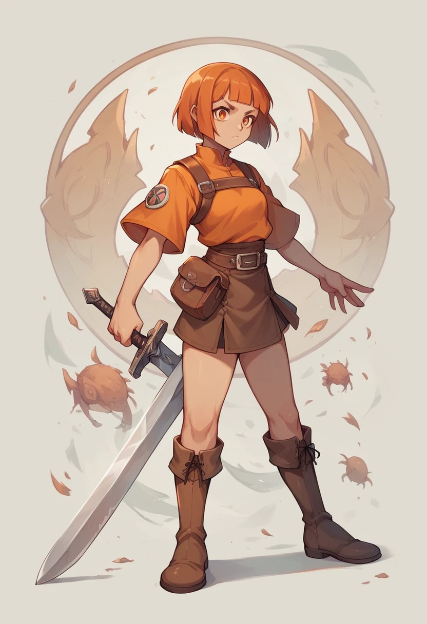 18th girl, orange short hair, bob cut, has one sword, no shield, wear chestplate from iron, wear brown mini skirt, wear boots of clove dye color, has orange eyes