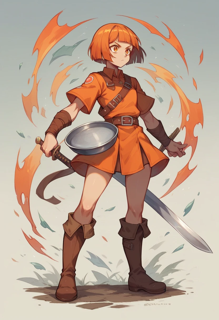 18th girl, orange short hair, bob cut, has one sword, no shield, wear chestplate from iron, wear brown mini skirt, wear boots of clove dye color, has orange eyes