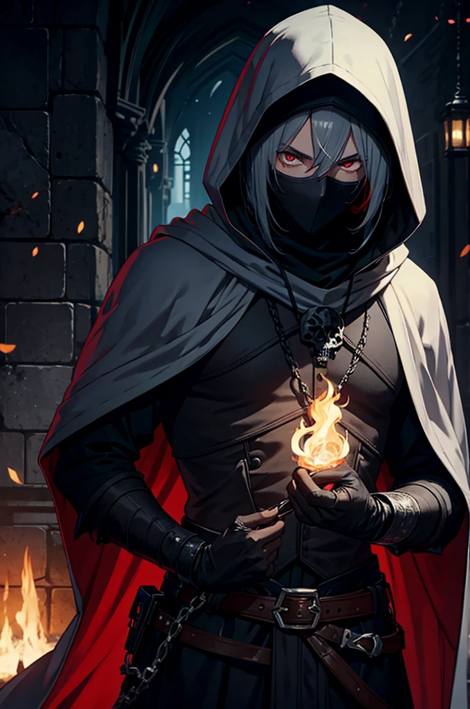 An assassin, male, fantasy character, physically strong, wearing a skull mask covering his face and eyes, dressed in black medieval attire, with a white hooded cloak over it, gray hair, short hair, red eyes, holding a dagger, nighttime background.