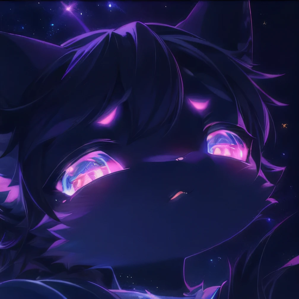 there is a cat's eyes with yellow and purple Glowing eyes, Fantasy Animals Cute Eyes, with Glowing eyes, magical Glowing eyes, purple Glowing eyes, Cat from the void, There are stars in her gaze, Glowing magic eyes, With sparkling purple eyes, Purple Cat, very Glowing eyes, Space Cat, Glowing eyes, Stars are like eyes, brightly Glowing eyes, Cat in space