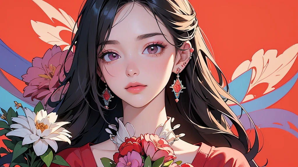 32K, 最高quality, 最高masterpiece, (ultra-Detailed Background, Detailed Background), High resolution, Super detailed, Very detailedな, One girl, (bouquet:1.3), (Tangled:1.2), (Geometric:1.2),(colorful),(masterpiece, quality, best quality, Official Art, Beautiful and beautiful:1.2), (1 girl:1.3), Very detailed,(colorful:1.1)(Flowers:1.3),Most detailed,(Tangled:1.2), whole body, (Abstract background:1.3), (Skin glows), (Many colors:1.4), ,(Earrings Jewelry:1.5), Pale Red Background,