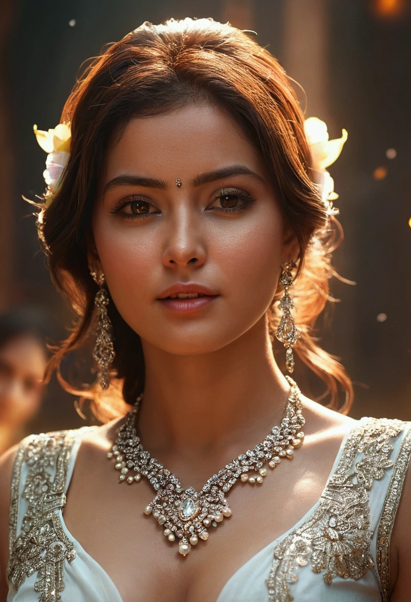 An ultra realistic portrait of a very beautiful woman in deep cut blouse, exposed cleavage ,hyper detail, cinematic lighting, 4k, 8k, ultra realistic, high resolution, ultra hd, super realistic, sharp, good quality, Movie like, attractive, glowing, cute, sizzling, charming, jwellery, necklace, forehead jwellery, sunlight, sparks, glossy, dust particles , 3D look, sunshine, feathers, HD, flowers,Glowing hair, fireflies,blur background, temple, crowds, butterflies, glossy eyes