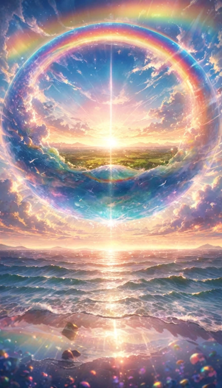 rainbow色の傘、Angel Umbrella, Detailed landscape, sunrise, rainbow, , horizon, In the sky, transparent、rainbow色の絶景 , rainbow色の水の都、Lens flare, colorful, An atmosphere full of dreams and hope，masterpiece．16K, Ultra-high resolution, to be born,wonderful ,future、rainbow色の、The world 30 years from now。
