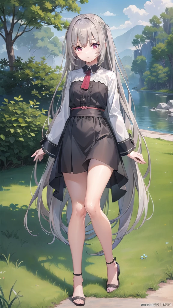 ((masterpiece)),(best quality),Official Art,Extremely detailed CG,Unity 8K wallpaper,Very detailed,Beautiful and delicate eyes,Extremely detailed face,1 girl,solitary,,(whole body:1.5),A little girl with long gray hair and red eyes,Run under the blue sky