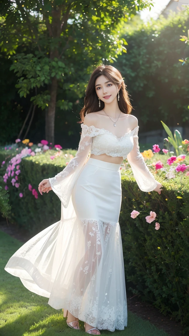(Highest quality、 8k 、masterpiece、High resolution)、wallpaper、Young Woman、Ample breasts、Beautiful clavicle、Slender beauty、(Brown hair medium、My hair is blowing in the wind、Flows backwards)、Full Body Shot、 (Beautiful Face,Beautiful Eyes,Beautiful nose,Pretty lips)、(Flower Earrings、silver heart pendant necklace)、(Feminine Style、3/4 Sleeve Lace Blouse、See-through long skirt)、Her mouth opens slightly and a smile appears.、Dynamic pose、Outdoor、garden、Colorful flowers、looking at the camera、Professional Lighting、Professional photographer、