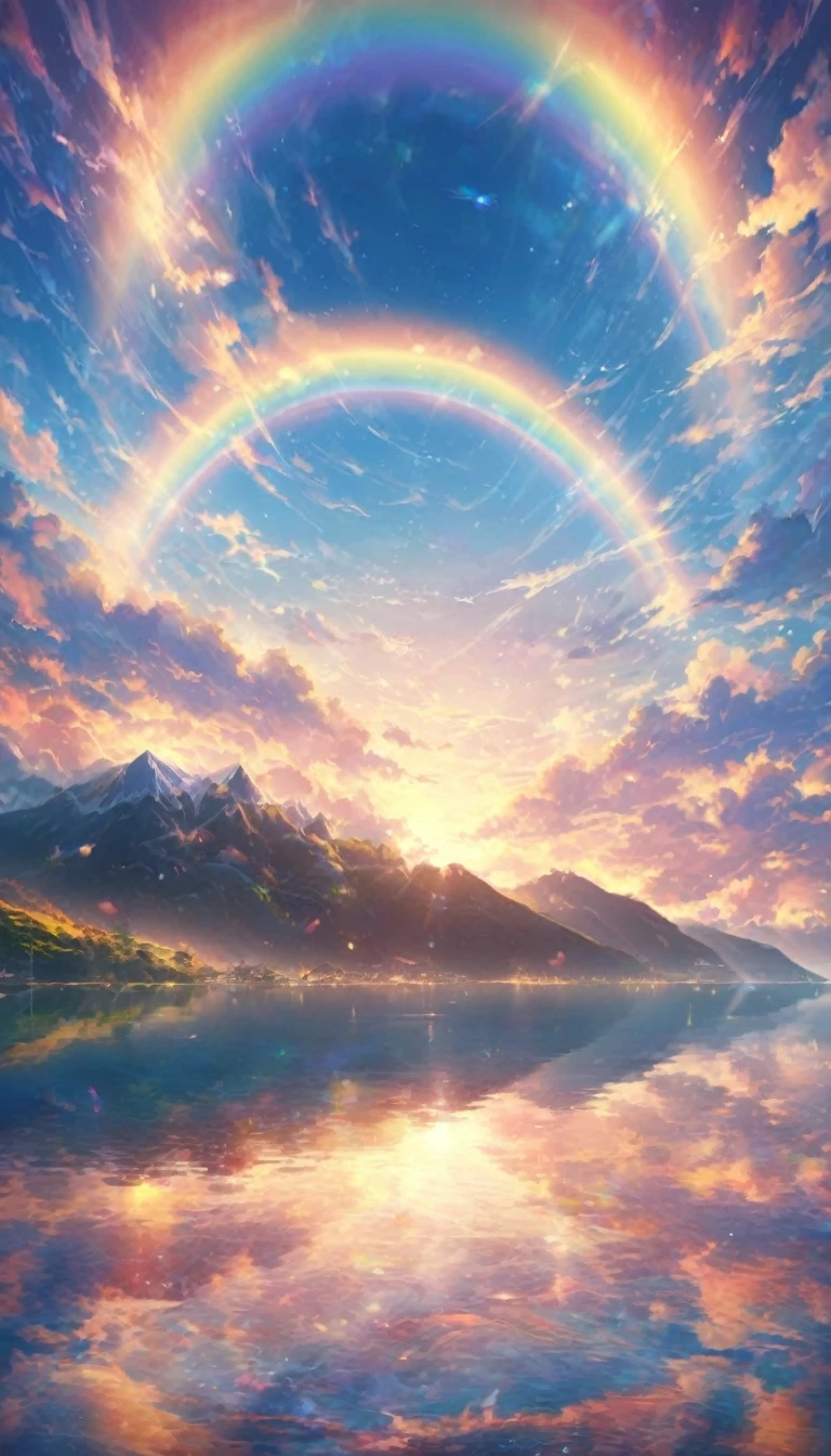 rainbow色の傘、Angel Umbrella, Detailed landscape, sunrise, rainbow, , horizon, In the sky, transparent、rainbow色の絶景 , rainbow色の水の都、Lens flare, colorful, An atmosphere full of dreams and hope,masterpiece.16K, Ultra-high resolution, to be born,wonderful ,future、rainbow色の、The world 30 years from now。