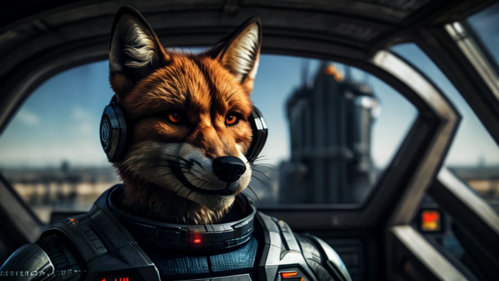 a progressive, sovereign, aggressive, wicked, bad, evil, redfox, in background a futuristic violent starship command bridge, wearing a futuristic diplomatic suit, headshot, best quality, masterpiece, detailed, highres, top quality, best quality, correctly eyes, anatomically correct,
