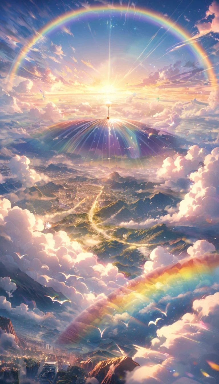 rainbow色の傘、Angel Umbrella, Detailed landscape, sunrise, rainbow, , horizon, In the sky, transparent、rainbow色の絶景 , rainbow色の水の都、Lens flare, colorful, An atmosphere full of dreams and hope，masterpiece．16K, Ultra-high resolution, to be born,wonderful ,future、rainbow色の、The world 30 years from now。