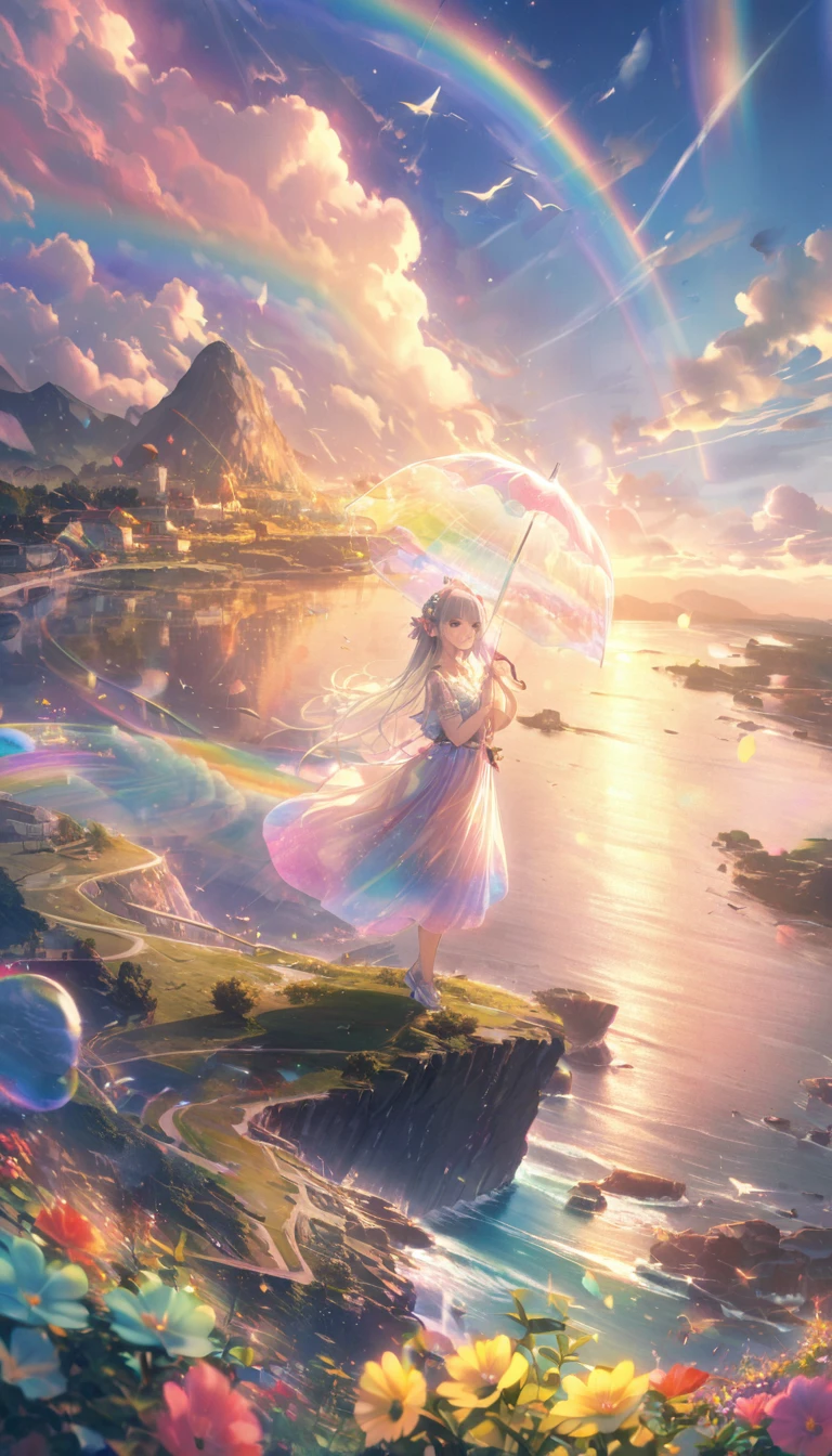 rainbow色の傘、Angel Umbrella, Detailed landscape, sunrise, rainbow, , horizon, In the sky, transparent、rainbow色の絶景 , rainbow色の水の都、Lens flare, colorful, An atmosphere full of dreams and hope，masterpiece．16K, Ultra-high resolution, to be born,wonderful ,future、rainbow色の、The world 30 years from now。