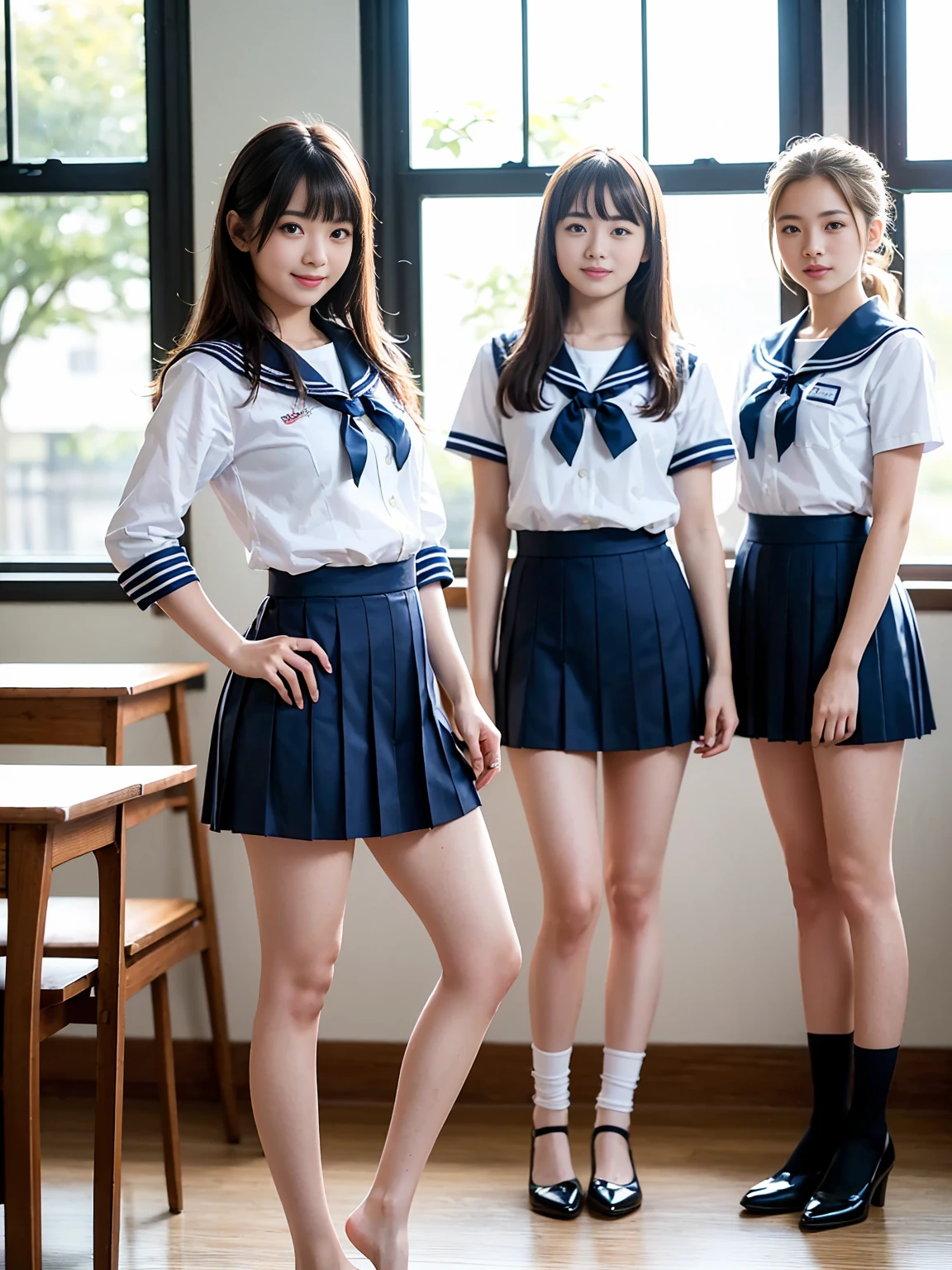 (Highest quality, masterpiece, Photorealistic, Super detailed, Ultra-high resolution, born:1.3), (Three Girls:1.3), beautiful, 日本人の女子高born, , In the classroom, Sailor suit,Navy blue high waist pleated mini skirt, (smile), (bangs), (Long legs, whole body:1.2),  (Standing side by side)