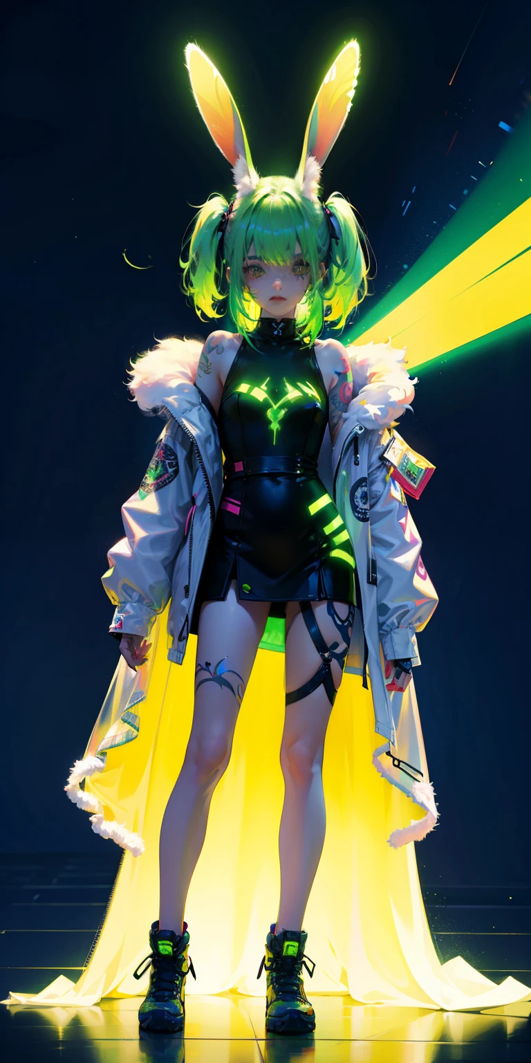 Rabbit technique , Science Fiction, Fluffy , 
1 girl, Tattoo, Glowing tattoo, Glowing eyes, Colorful glowing hair , Full body love, Green Hair,
  Kawaiitech, Soft colors, Kawaii, Lovely colors,