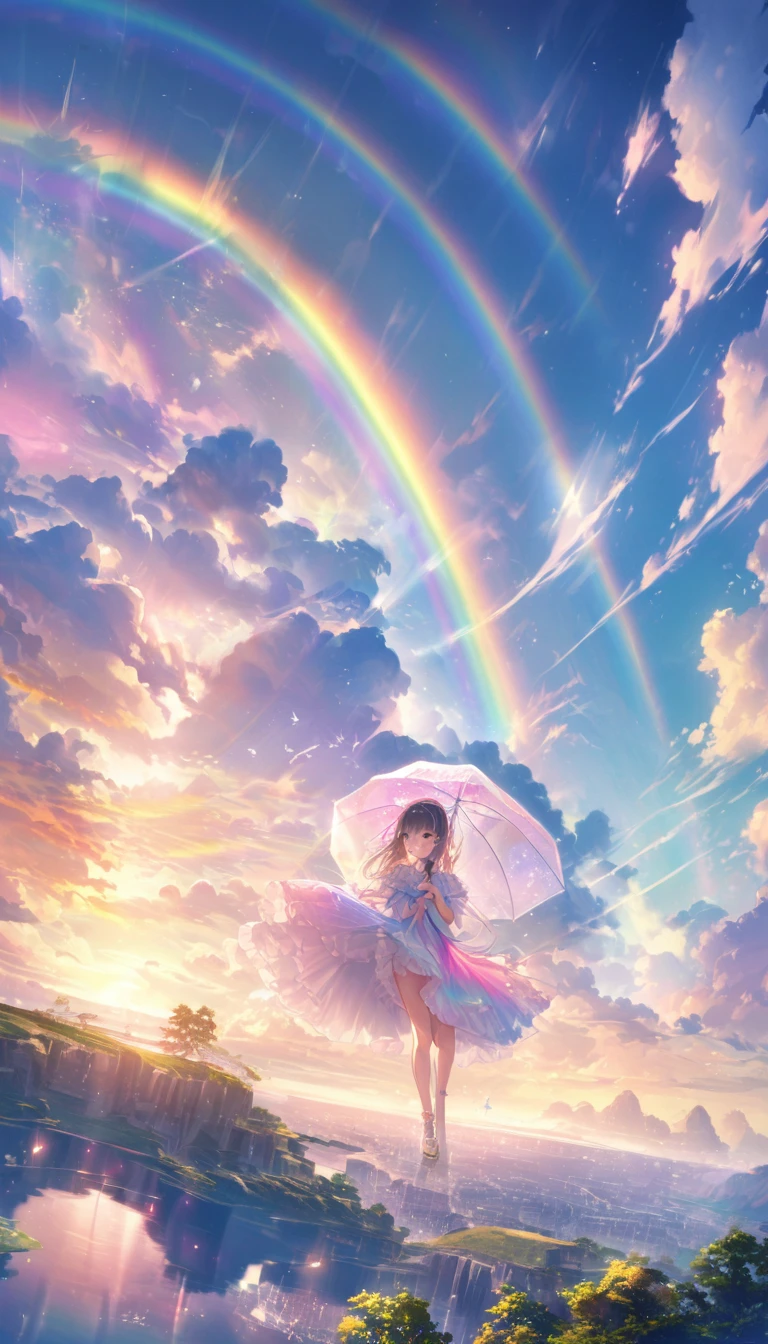 rainbow色の傘、Angel Umbrella, Detailed landscape, sunrise, rainbow, , horizon, In the sky, transparent、rainbow色の絶景 , rainbow色の水の都、Lens flare, colorful, An atmosphere full of dreams and hope,masterpiece.16K, Ultra-high resolution, to be born,wonderful ,future、rainbow色の、The world 30 years from now。