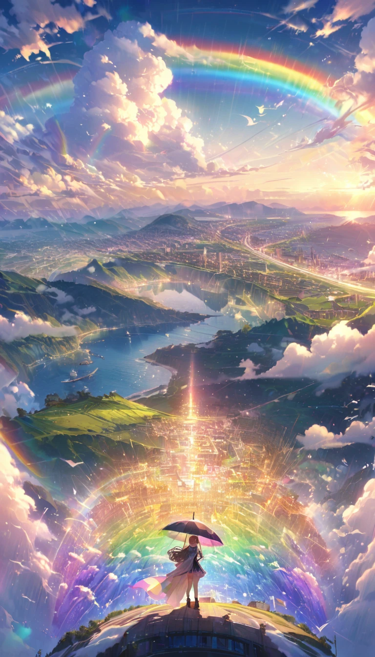 rainbow色の傘、Angel Umbrella, Detailed landscape, sunrise, rainbow, , horizon, In the sky, transparent、rainbow色の絶景 , rainbow色の水の都、Lens flare, colorful, An atmosphere full of dreams and hope,masterpiece.16K, Ultra-high resolution, to be born,wonderful ,future、rainbow色の、The world 30 years from now。